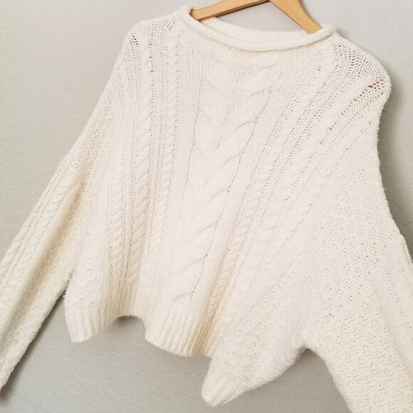 Anthropologie Pilcro Rolled Mock Neck Cable Knit Sweater Pullover, Ivory White S - Picture 9 of 16